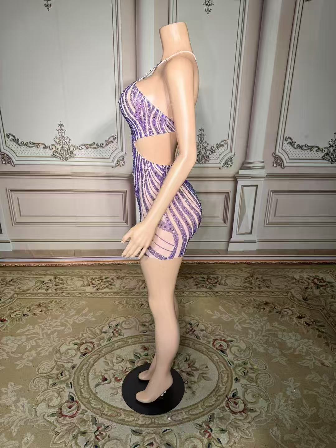 Sexy Purple One-Shoulder Beaded Sleeveless Backless Column Tulle Stripe Short Evening Dresses With Rhinestones