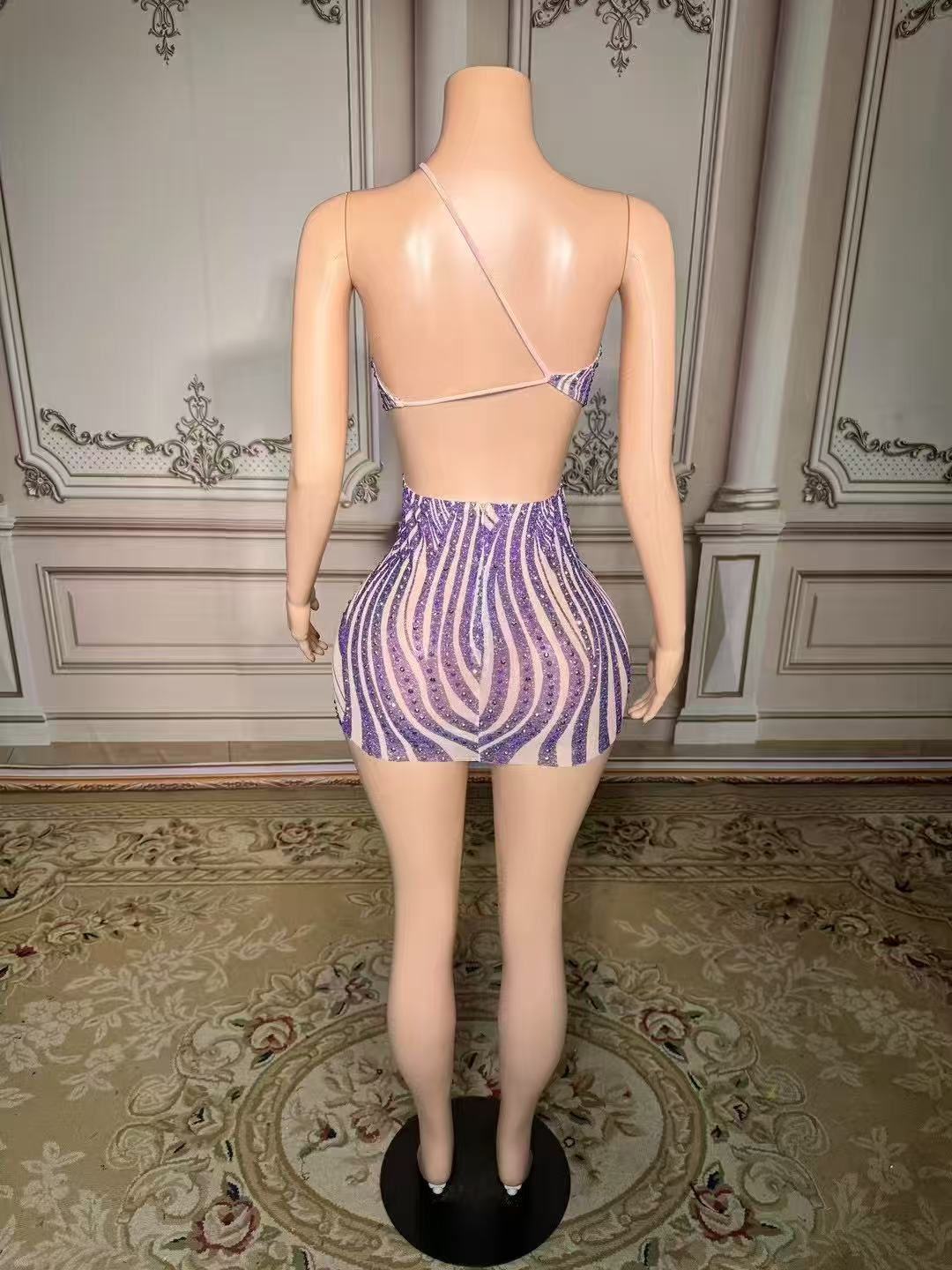 Sexy Purple One-Shoulder Beaded Sleeveless Backless Column Tulle Stripe Short Evening Dresses With Rhinestones