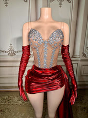 Sexy Red Sweetheart Beaded Sleeveless Panel Train Satin Short Evening Dresses With Rhinestones