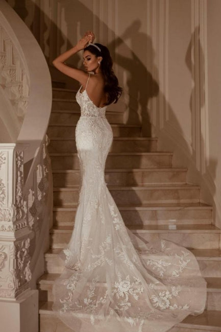 Sexy White Lace Mermaid Sweetheart Spaghetti Strap Long Wedding Dress