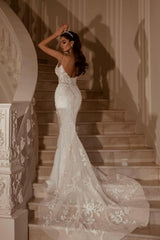 Sexy White Lace Mermaid Sweetheart Spaghetti Strap Long Wedding Dress