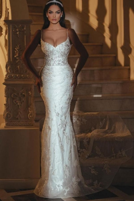 Sexy White Lace Mermaid Sweetheart Spaghetti Strap Long Wedding Dress