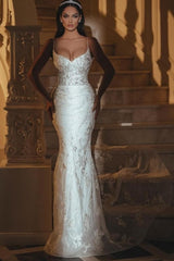 Sexy White Lace Mermaid Sweetheart Spaghetti Strap Long Wedding Dress