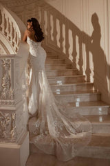 Sexy White Lace Mermaid Sweetheart Spaghetti Strap Long Wedding Dress