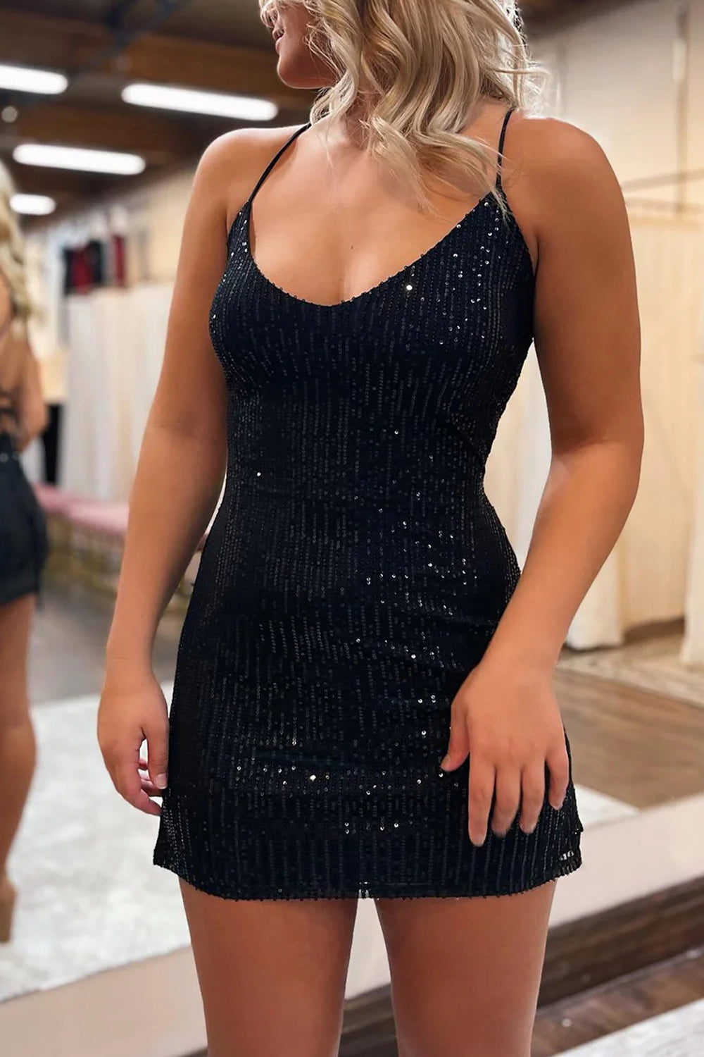 Sheath Black Sequins Short Homecoming Dress with Criss Cross Back