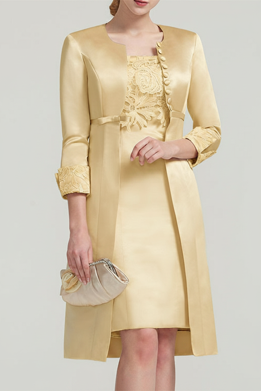 Sheath / Column Square Neck Knee Length Satin Lace Short Sleeve Mother of the Bride Dress with Pleats Appliques