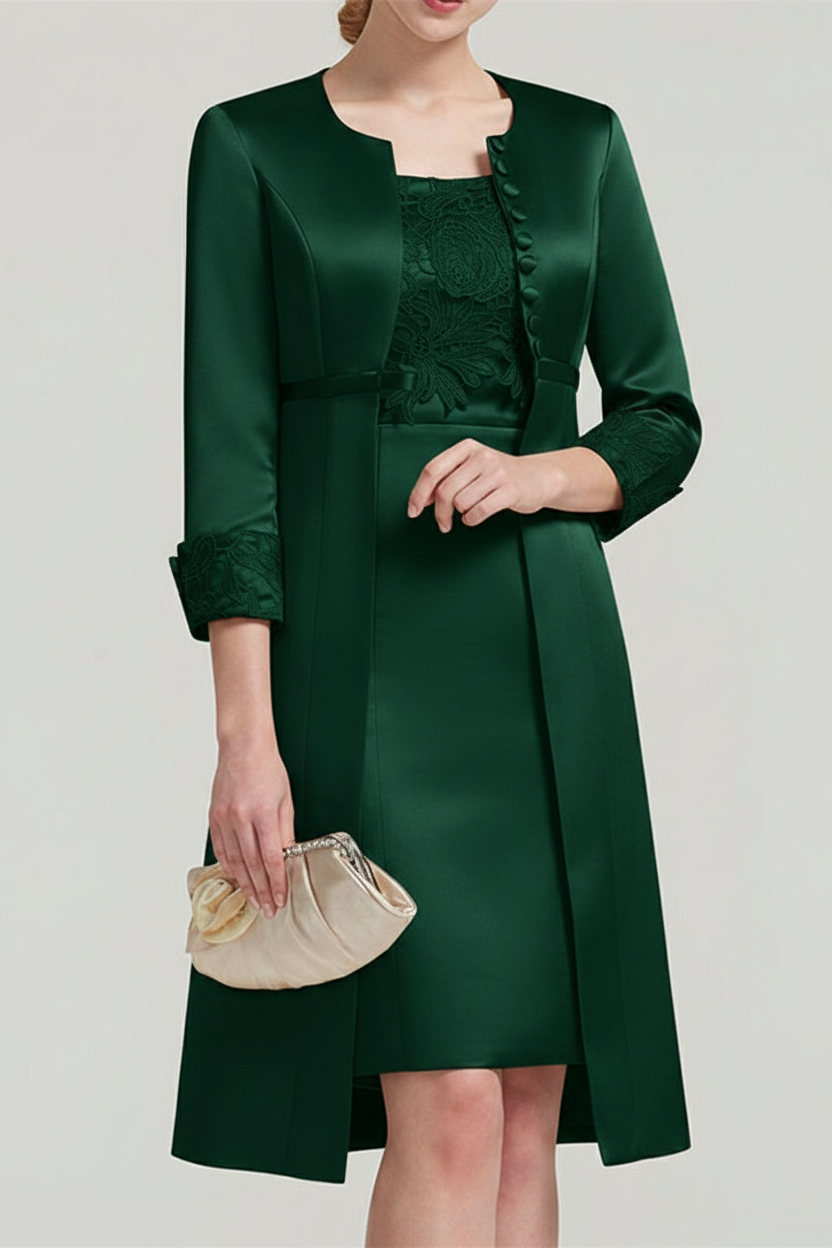 Sheath / Column Square Neck Knee Length Satin Lace Short Sleeve Mother of the Bride Dress with Pleats Appliques