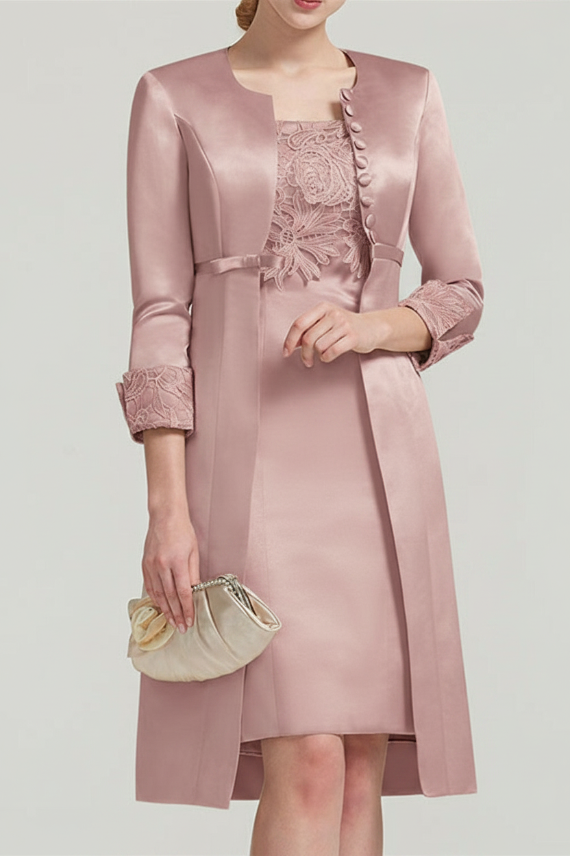 Sheath / Column Square Neck Knee Length Satin Lace Short Sleeve Mother of the Bride Dress with Pleats Appliques