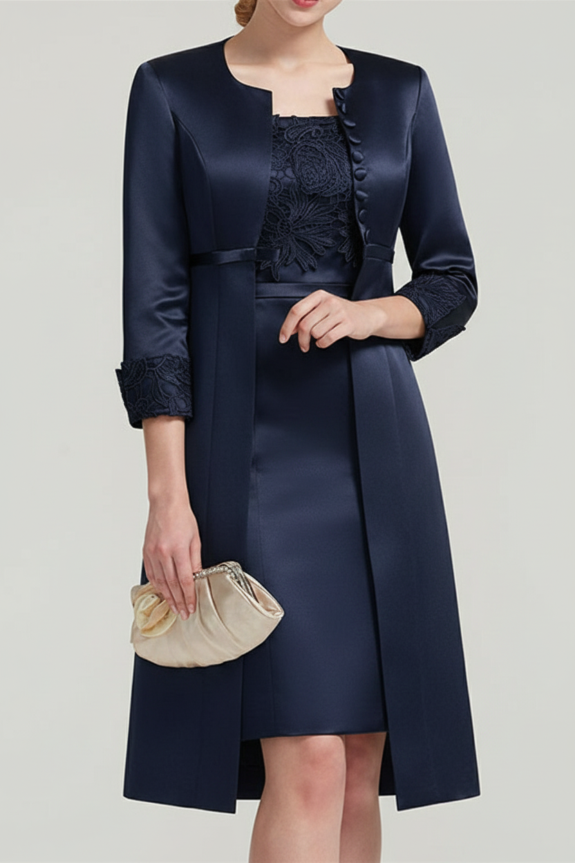 Sheath / Column Square Neck Knee Length Satin Lace Short Sleeve Mother of the Bride Dress with Pleats Appliques