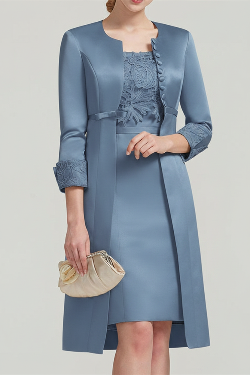 Sheath / Column Square Neck Knee Length Satin Lace Short Sleeve Mother of the Bride Dress with Pleats Appliques