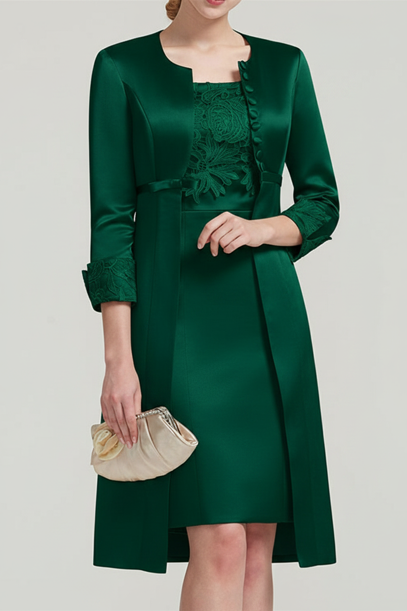 Sheath / Column Square Neck Knee Length Satin Lace Short Sleeve Mother of the Bride Dress with Pleats Appliques
