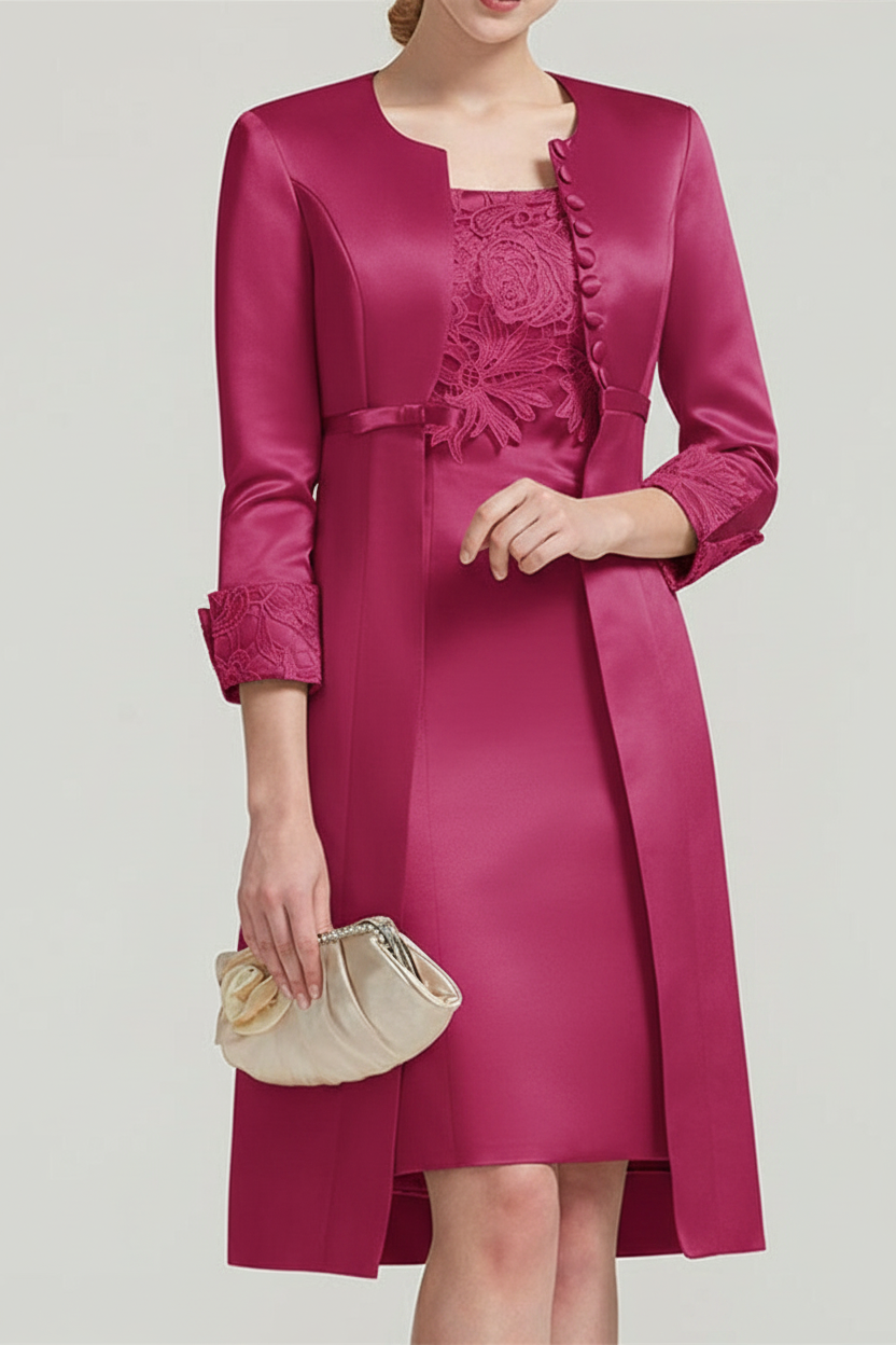 Sheath / Column Square Neck Knee Length Satin Lace Short Sleeve Mother of the Bride Dress with Pleats Appliques