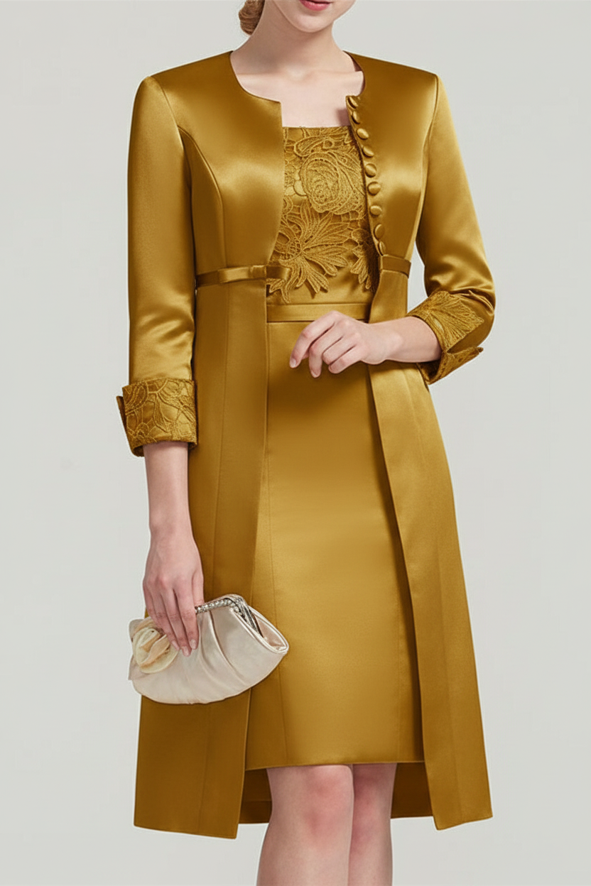 Sheath / Column Square Neck Knee Length Satin Lace Short Sleeve Mother of the Bride Dress with Pleats Appliques