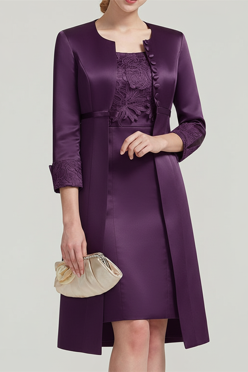 Sheath / Column Square Neck Knee Length Satin Lace Short Sleeve Mother of the Bride Dress with Pleats Appliques