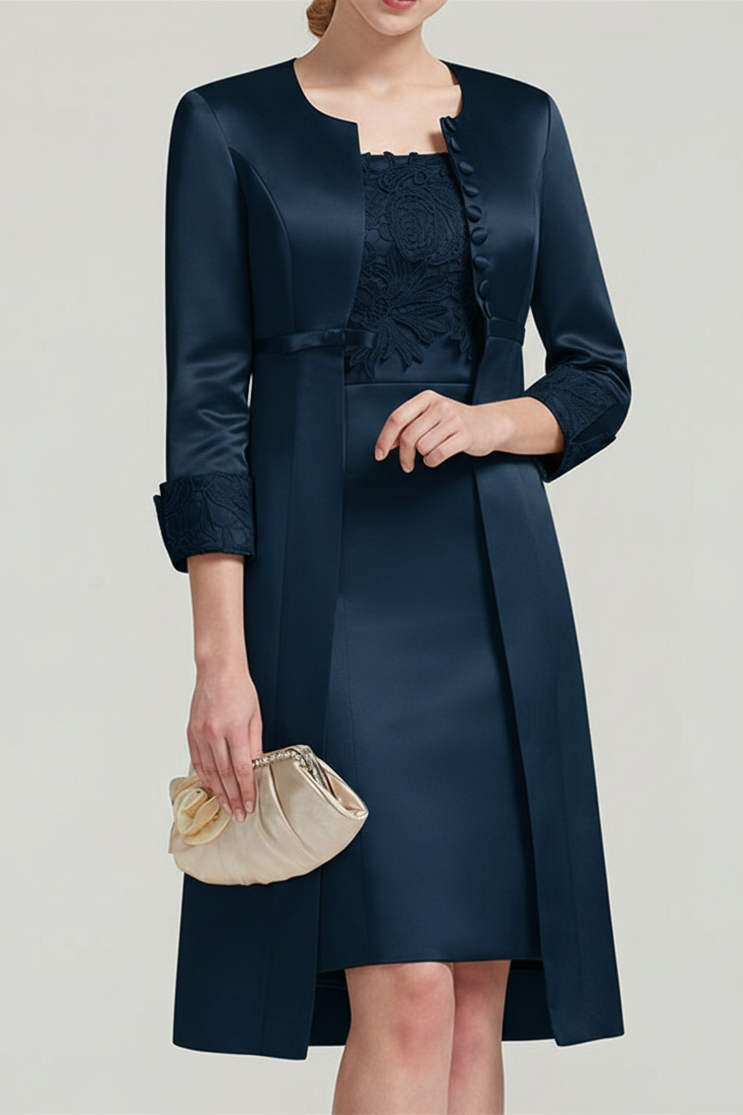 Sheath / Column Square Neck Knee Length Satin Lace Short Sleeve Mother of the Bride Dress with Pleats Appliques