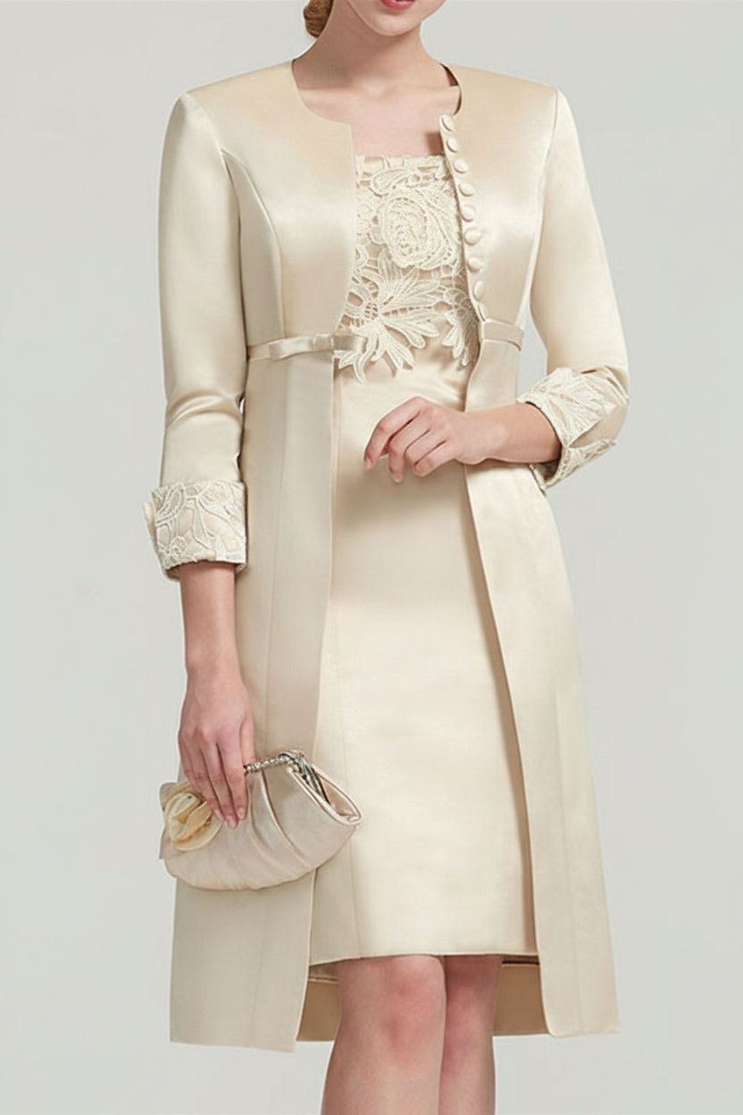 Sheath / Column Square Neck Knee Length Satin Lace Short Sleeve Mother of the Bride Dress with Pleats Appliques