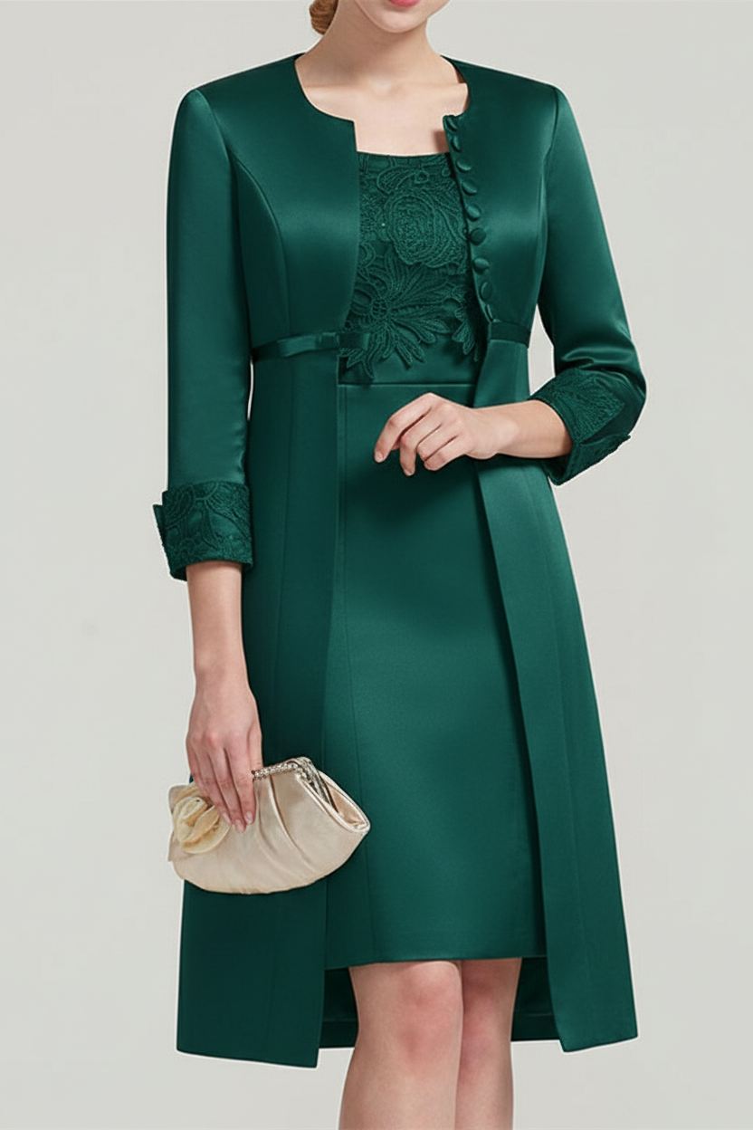Sheath / Column Square Neck Knee Length Satin Lace Short Sleeve Mother of the Bride Dress with Pleats Appliques