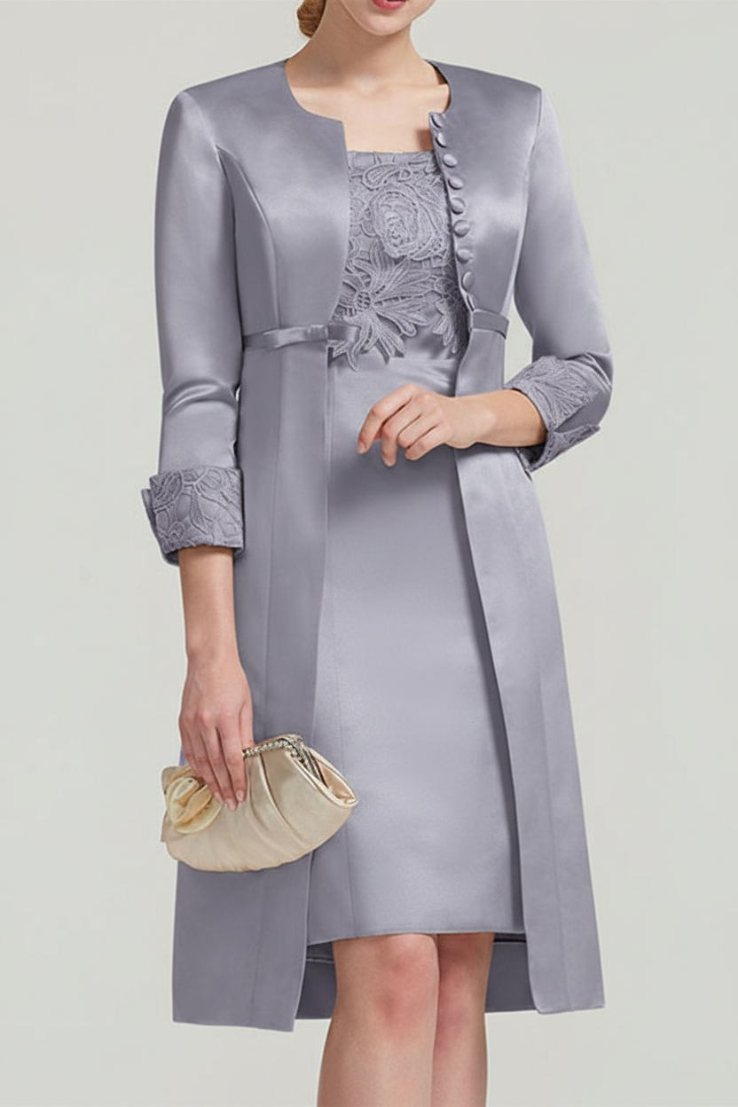Sheath / Column Square Neck Knee Length Satin Lace Short Sleeve Mother of the Bride Dress with Pleats Appliques