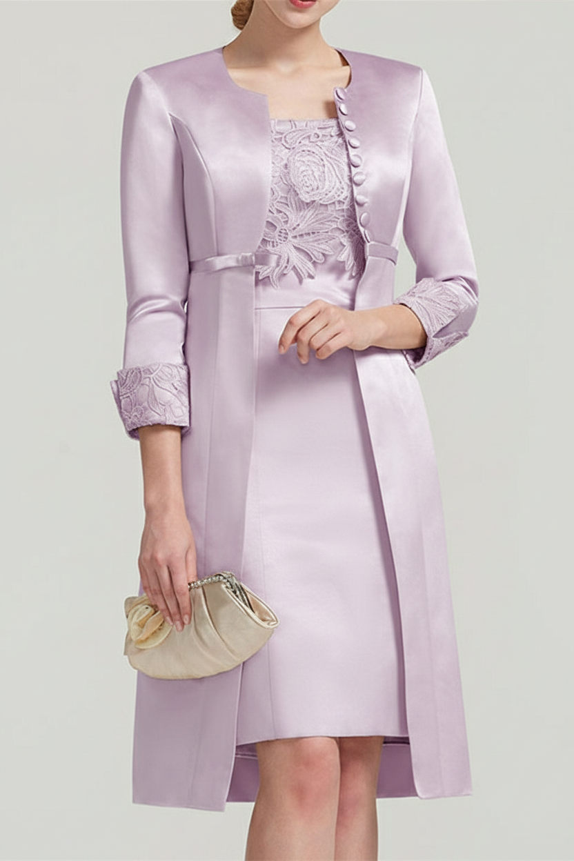 Sheath / Column Square Neck Knee Length Satin Lace Short Sleeve Mother of the Bride Dress with Pleats Appliques