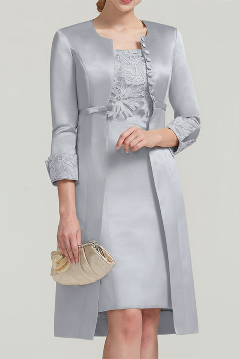 Sheath / Column Square Neck Knee Length Satin Lace Short Sleeve Mother of the Bride Dress with Pleats Appliques