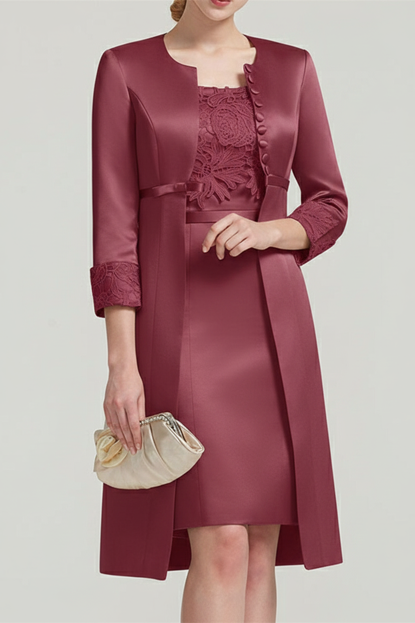 Sheath / Column Square Neck Knee Length Satin Lace Short Sleeve Mother of the Bride Dress with Pleats Appliques