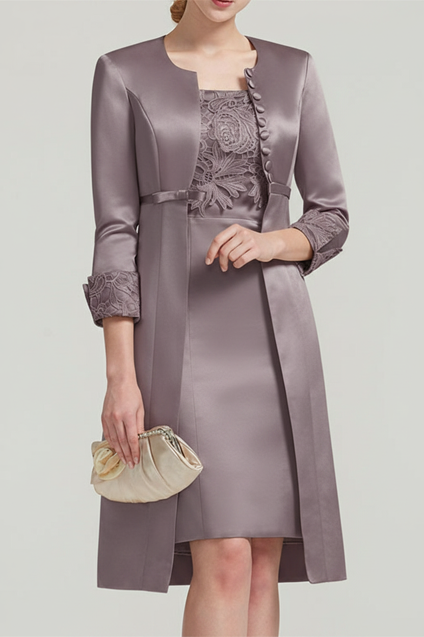 Sheath / Column Square Neck Knee Length Satin Lace Short Sleeve Mother of the Bride Dress with Pleats Appliques
