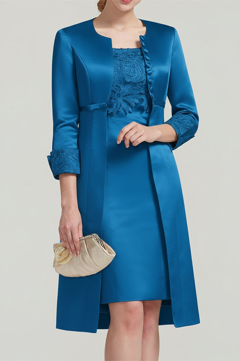 Sheath / Column Square Neck Knee Length Satin Lace Short Sleeve Mother of the Bride Dress with Pleats Appliques