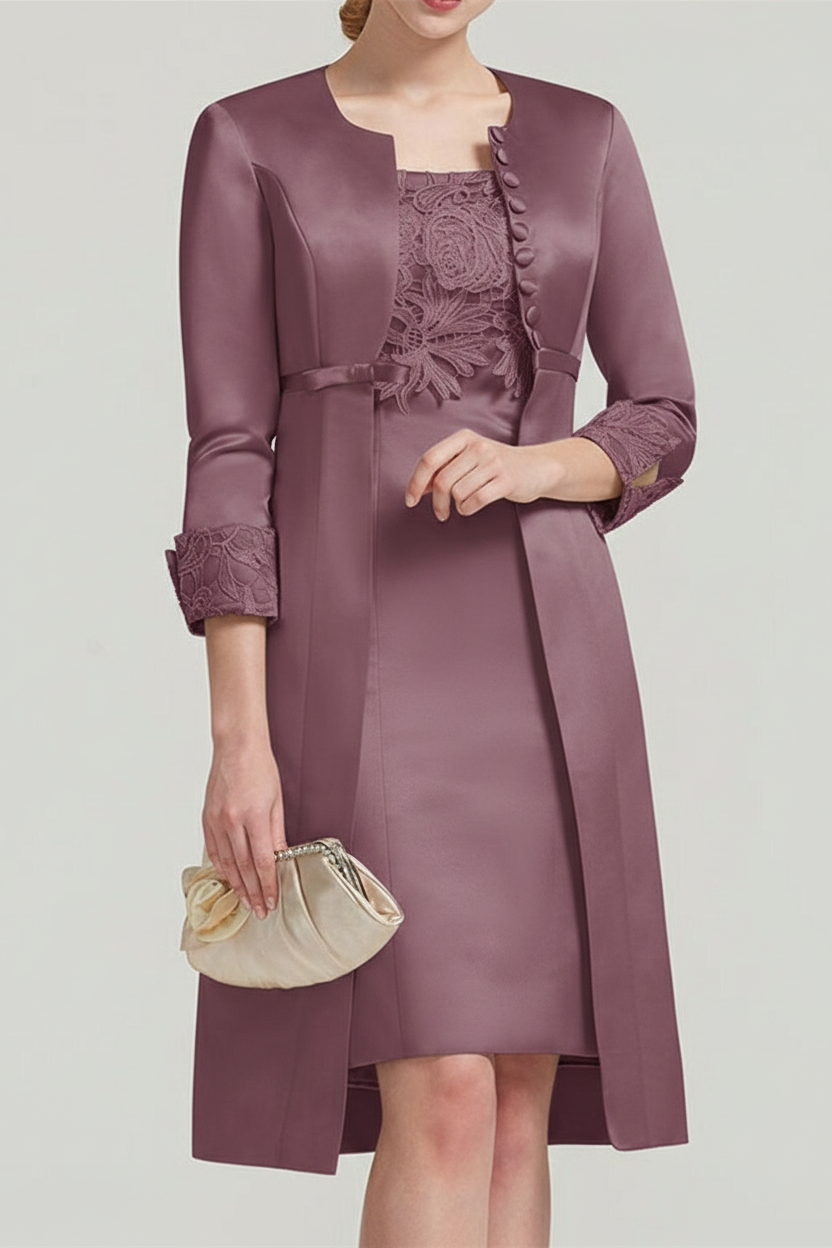 Sheath / Column Square Neck Knee Length Satin Lace Short Sleeve Mother of the Bride Dress with Pleats Appliques