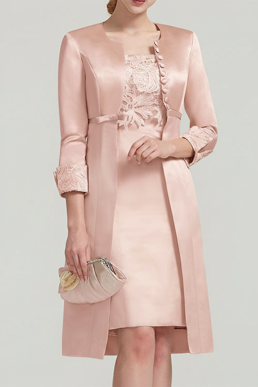 Sheath / Column Square Neck Knee Length Satin Lace Short Sleeve Mother of the Bride Dress with Pleats Appliques