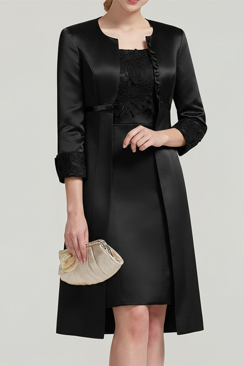 Sheath / Column Square Neck Knee Length Satin Lace Short Sleeve Mother of the Bride Dress with Pleats Appliques