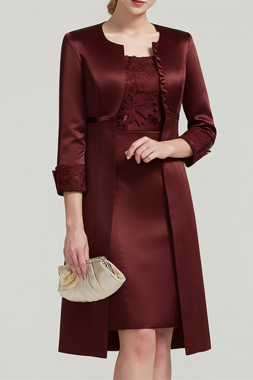 Sheath / Column Square Neck Knee Length Satin Lace Short Sleeve Mother of the Bride Dress with Pleats Appliques