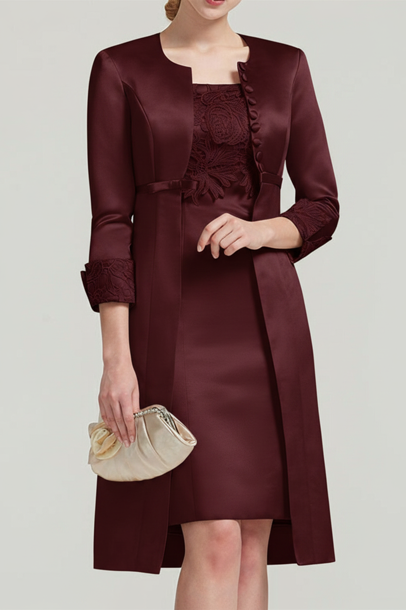 Sheath / Column Square Neck Knee Length Satin Lace Short Sleeve Mother of the Bride Dress with Pleats Appliques