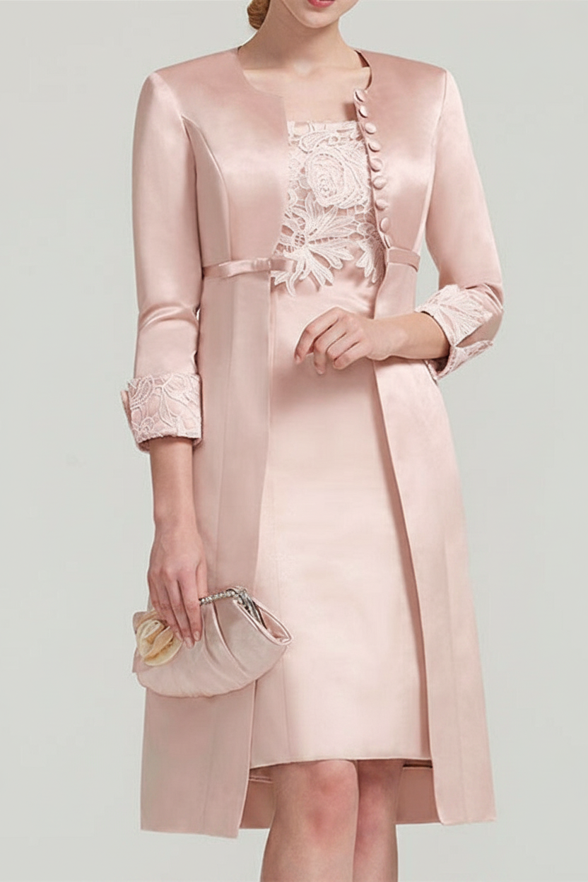 Sheath / Column Square Neck Knee Length Satin Lace Short Sleeve Mother of the Bride Dress with Pleats Appliques
