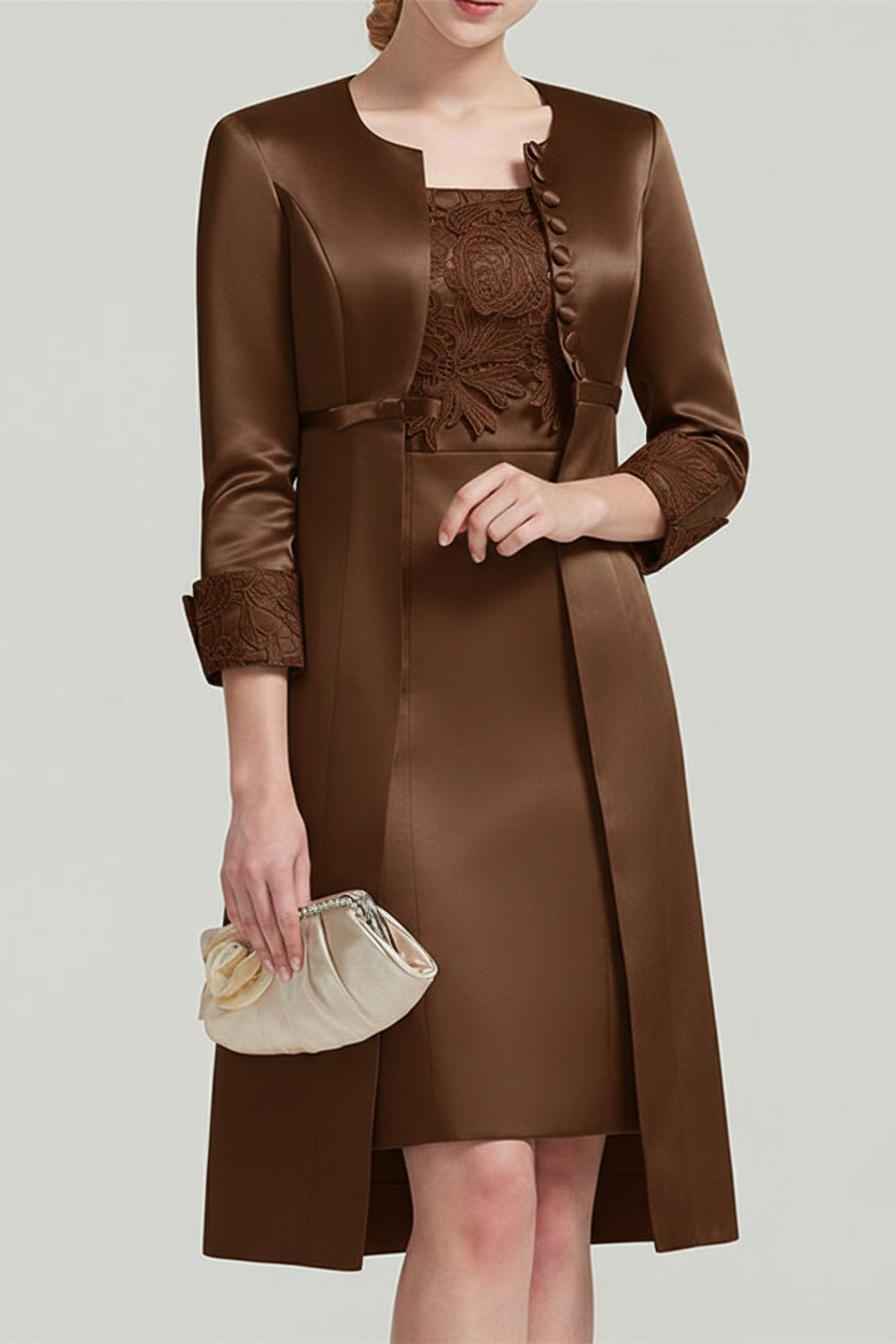 Sheath / Column Square Neck Knee Length Satin Lace Short Sleeve Mother of the Bride Dress with Pleats Appliques
