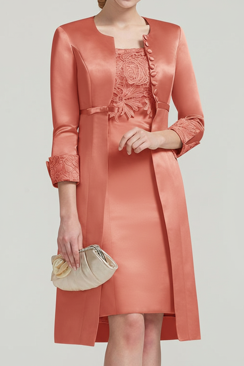 Sheath / Column Square Neck Knee Length Satin Lace Short Sleeve Mother of the Bride Dress with Pleats Appliques