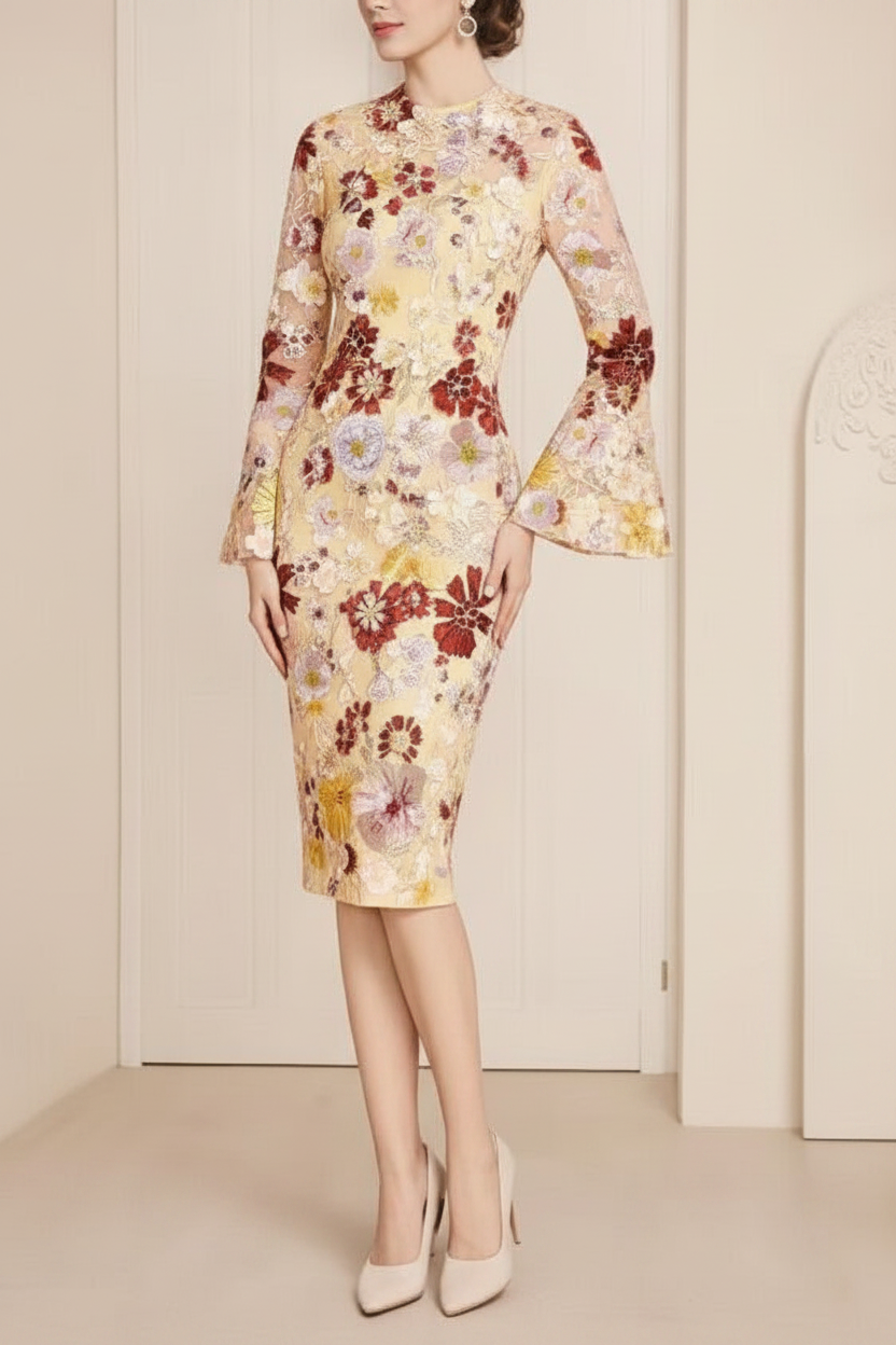 Sheath / Column Tea Length 3/4 Sleeve Mother of the Bride Dress with Lace