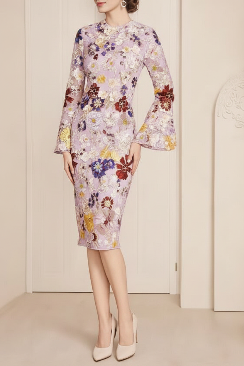 Sheath / Column Tea Length 3/4 Sleeve Mother of the Bride Dress with Lace