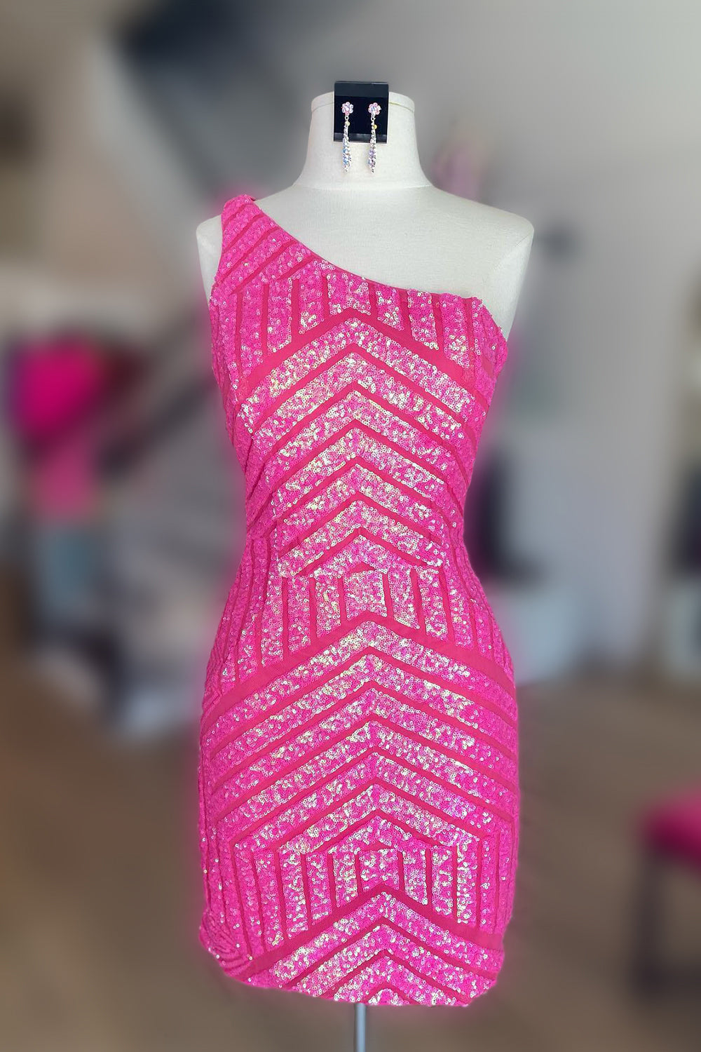 Sheath Fuchsia One Shoulder Sequins Tight Short Homecoming Dress