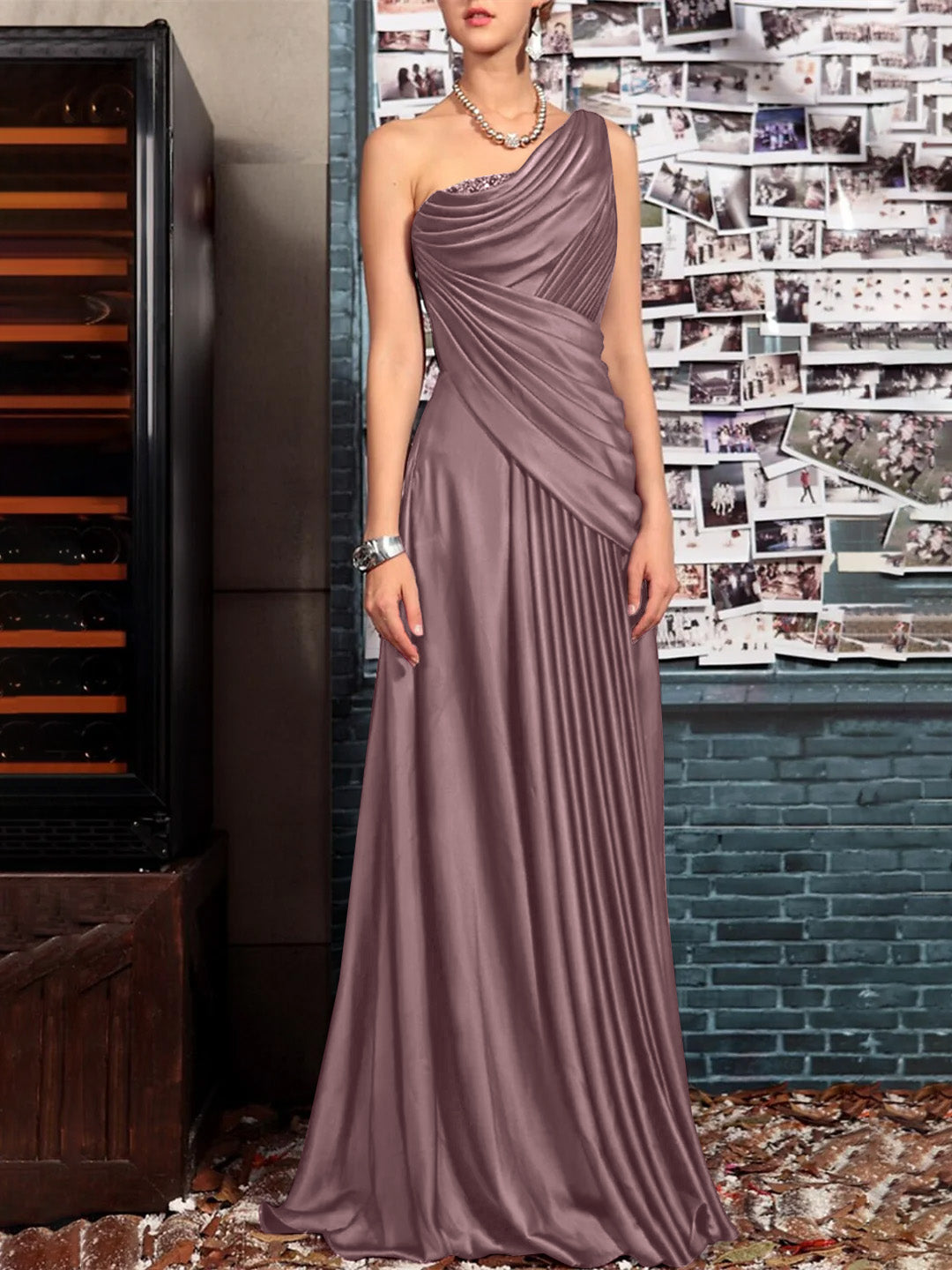 Sheath One Shoulder Sleeveless Floor Length Mother of the Bride Dresses with Pleats Crystals Draping