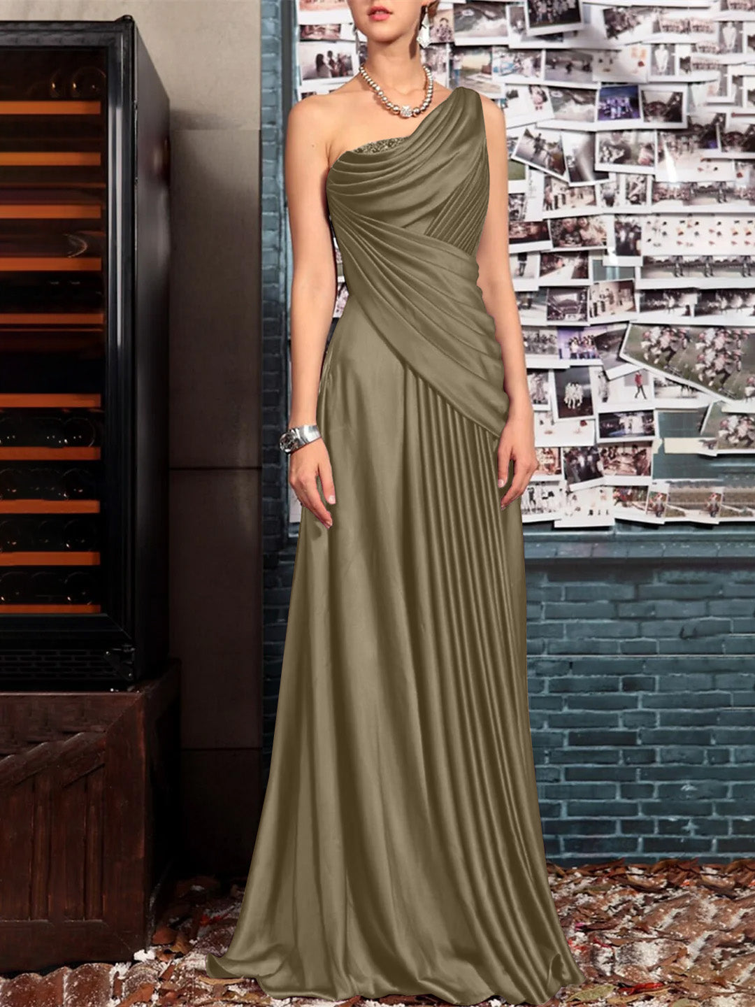 Sheath One Shoulder Sleeveless Floor Length Mother of the Bride Dresses with Pleats Crystals Draping