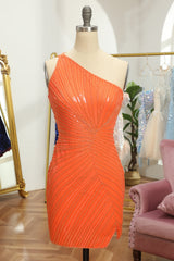 Sheath Orange One Shoulder Beaded Short Homecoming Dress