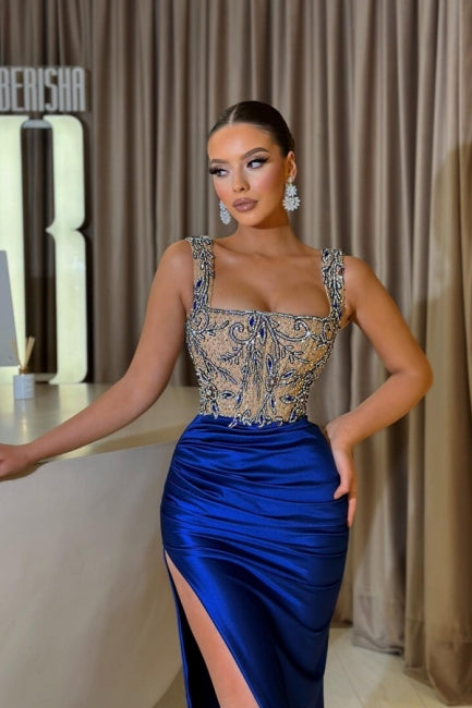 Sheath Royal Blue Straps Split Front Square Sleeveless Jewelry Ruffles Floor-Length Stain Prom Evening Dresses with Beadings