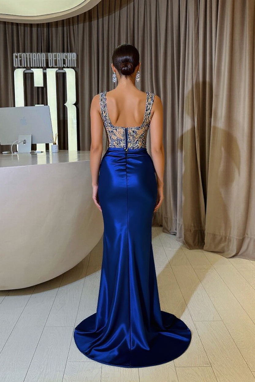 Sheath Royal Blue Straps Split Front Square Sleeveless Jewelry Ruffles Floor-Length Stain Prom Evening Dresses with Beadings