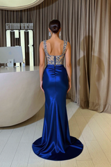 Sheath Royal Blue Straps Split Front Square Sleeveless Jewelry Ruffles Floor-Length Stain Prom Evening Dresses with Beadings