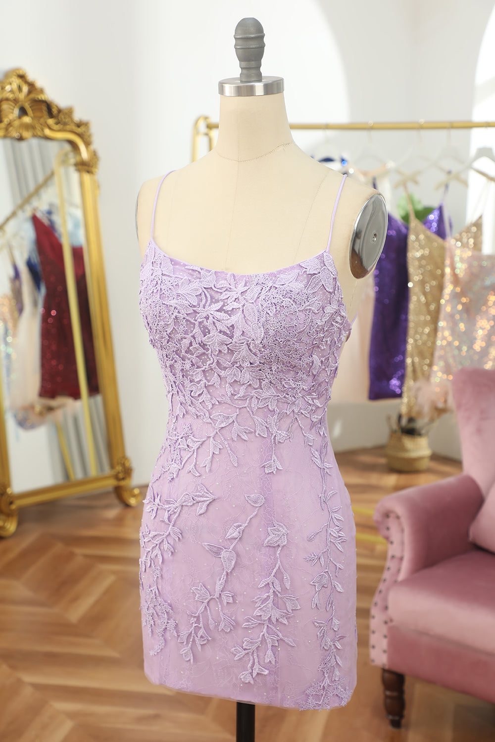 Sheath Spaghetti Straps Orange Short Homecoming Dress with Appliques