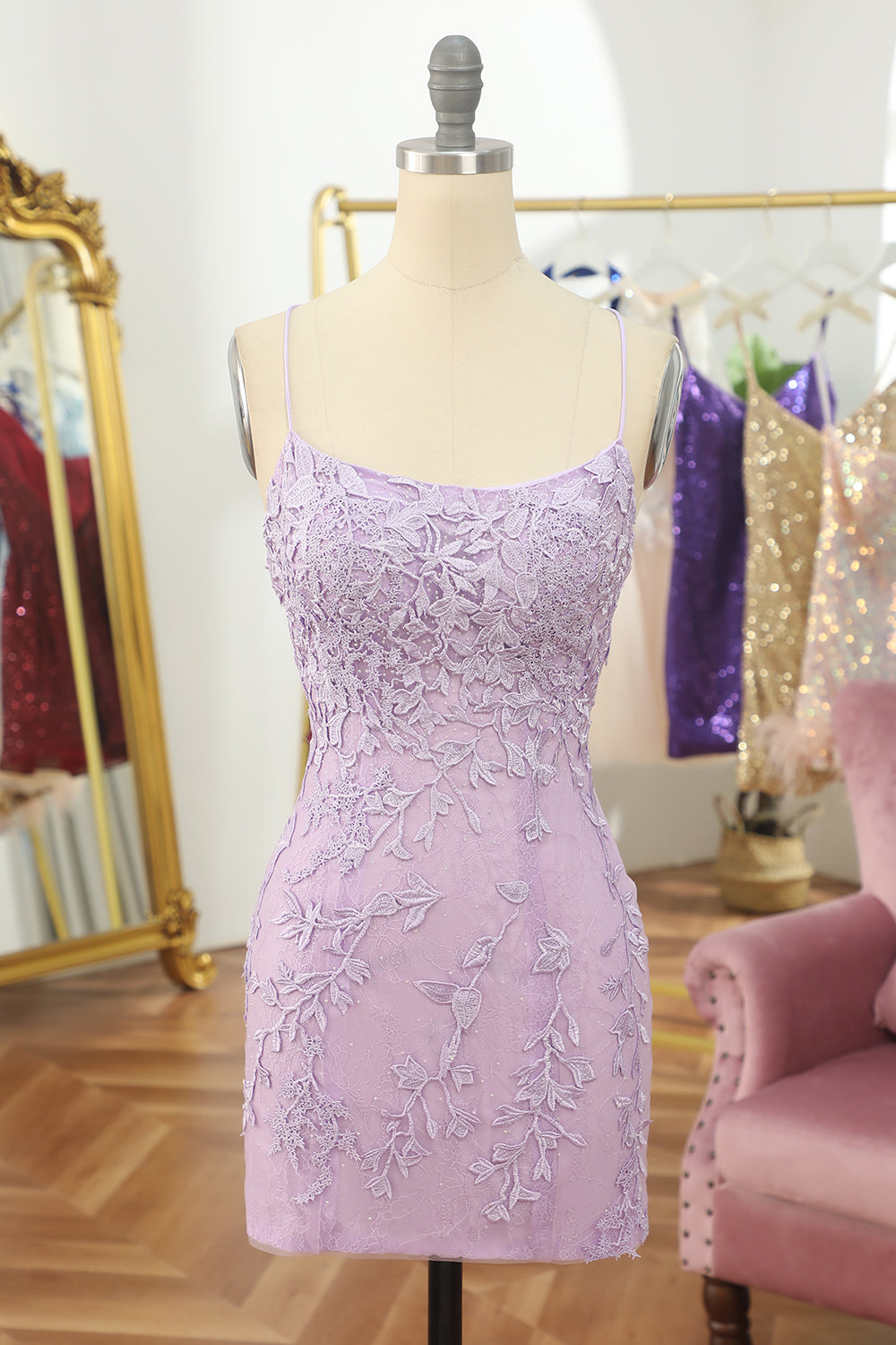 Sheath Spaghetti Straps Orange Short Homecoming Dress with Appliques