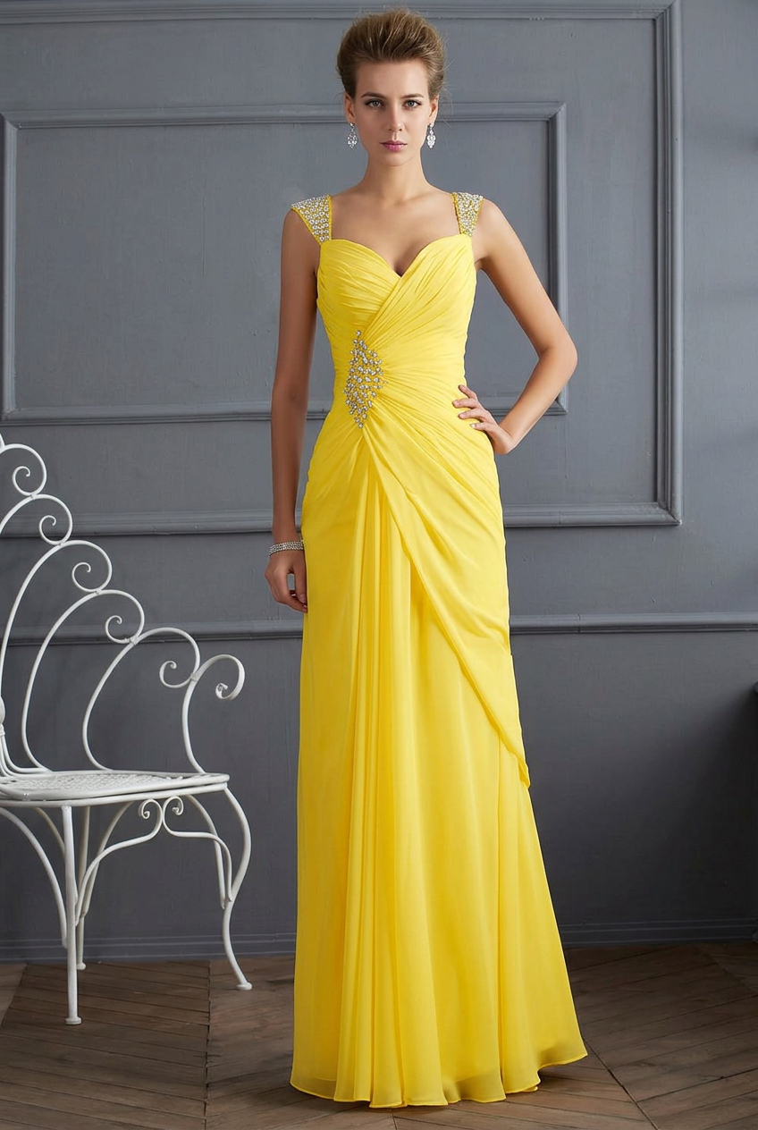 Yellow sweetheart beaded column prom dress