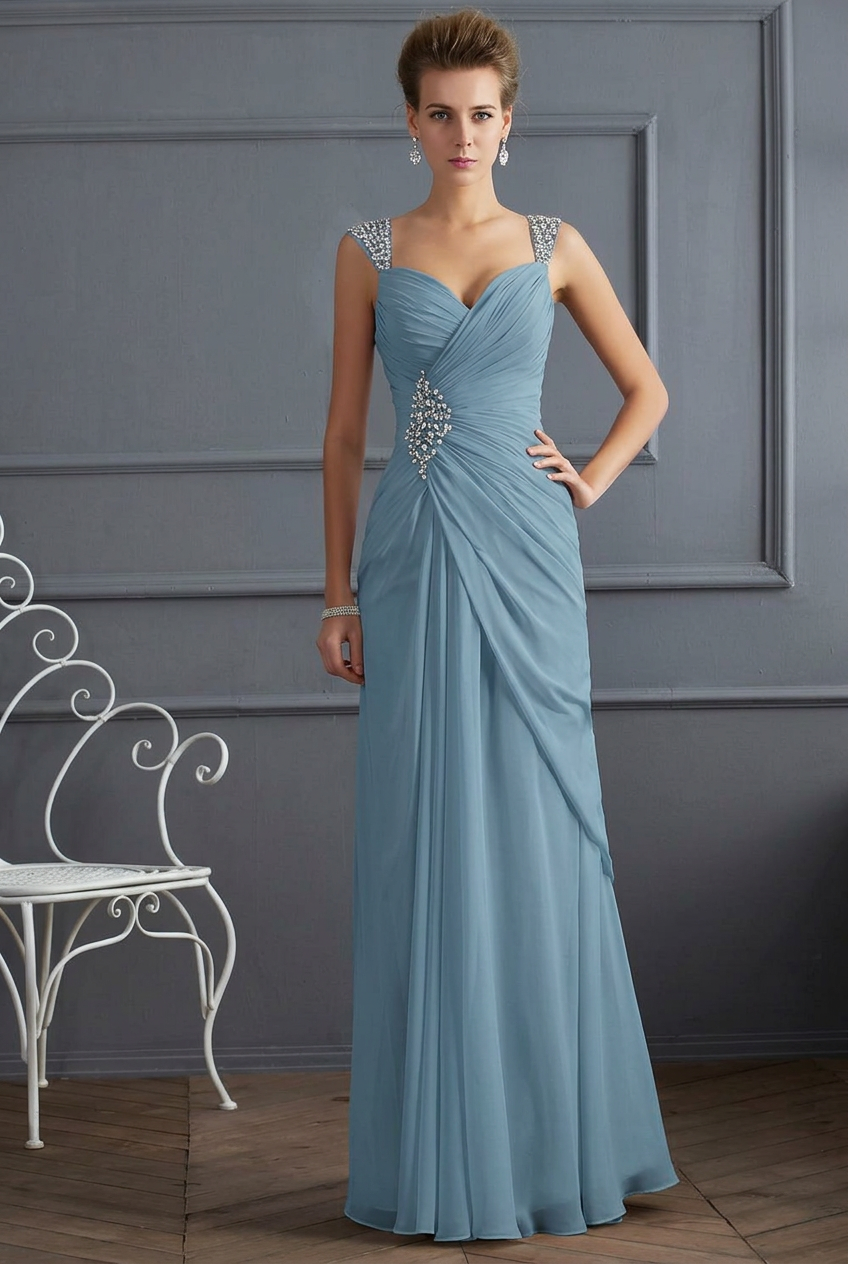 Dusty blue sweetheart beaded column prom dress