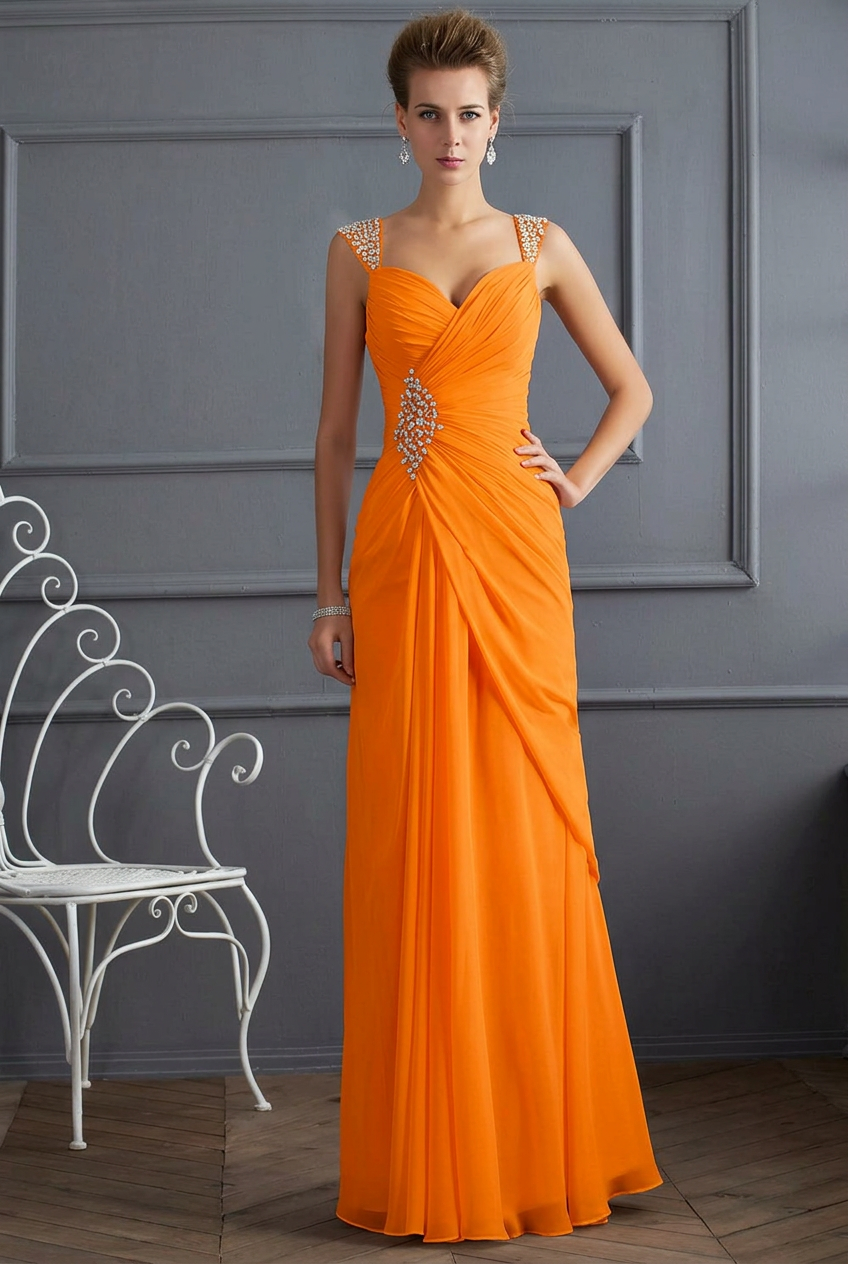 Orange sweetheart beaded column prom dress