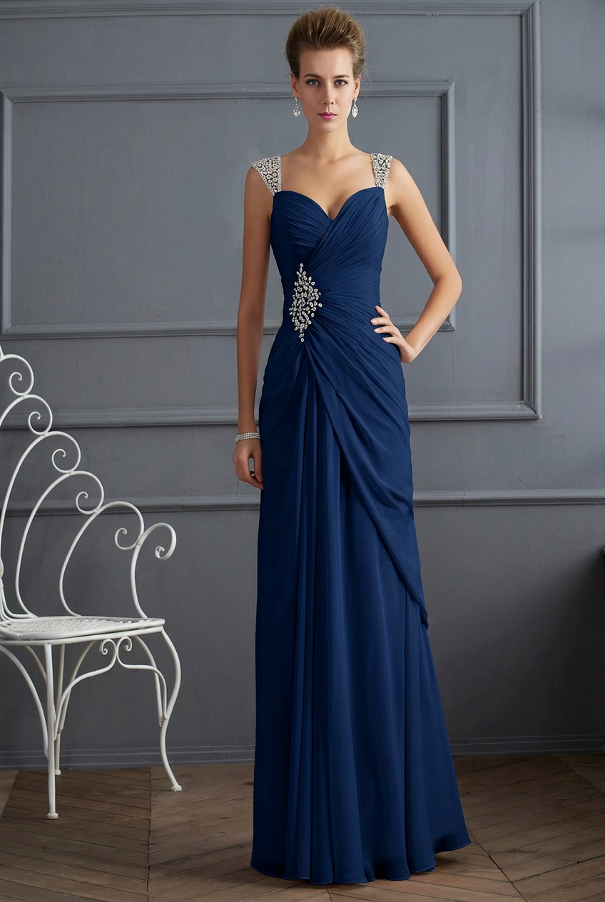 Dark navy sweetheart beaded column prom dress